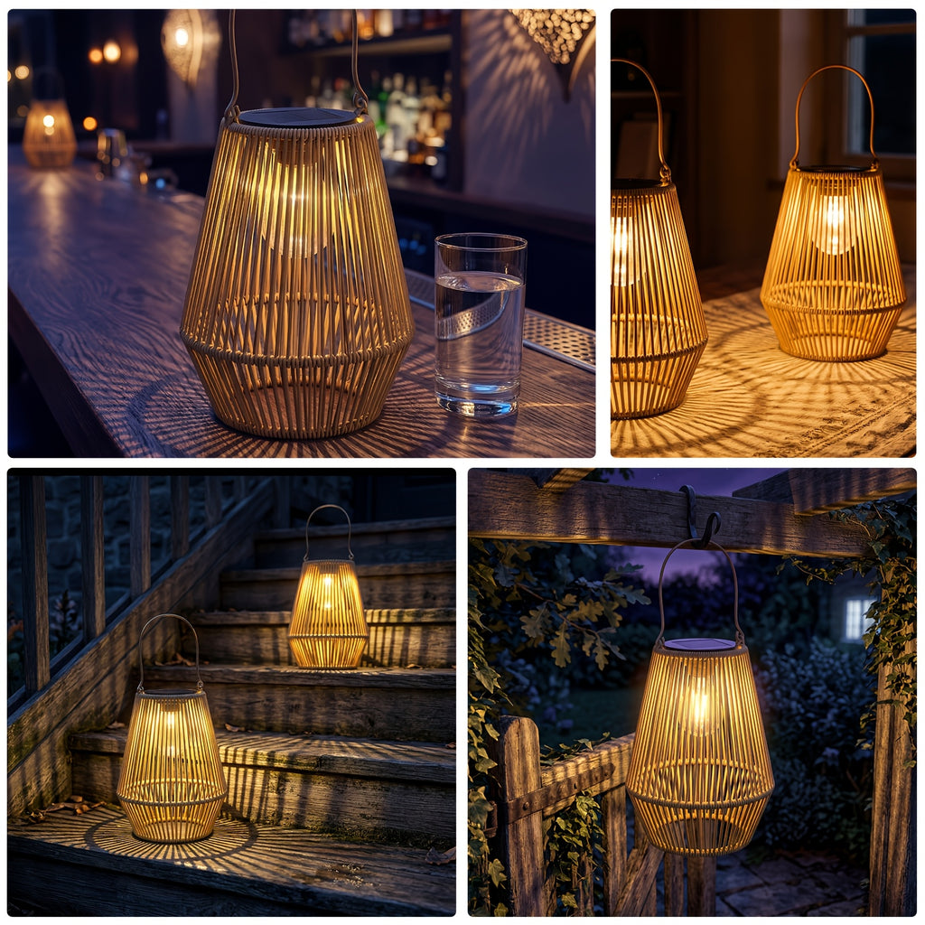 Lanterne solaire effet rotin IP65 à ampoule filament, à suspendre