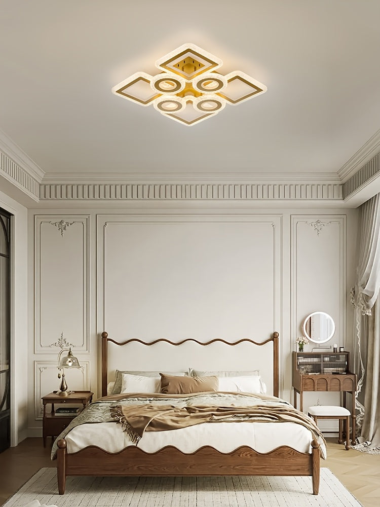 Plafonnier LED géométrique 75 cm, anneaux et carrés, trois teintes