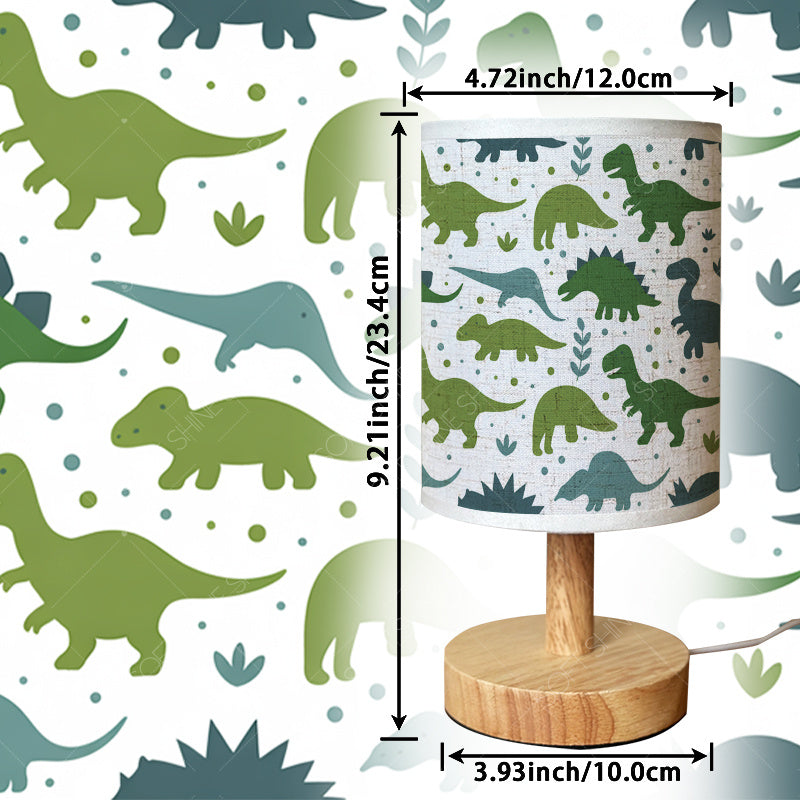 Lampe de chevet enfant à dinosaures verts, abat-jour lin, USB