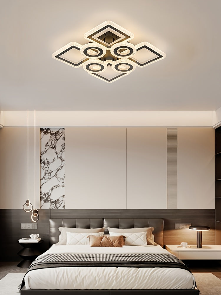 Plafonnier LED géométrique 75 cm, anneaux et carrés, trois teintes