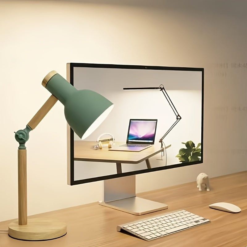 Lampe de bureau articulée en bois et métal vert, 45 cm, USB