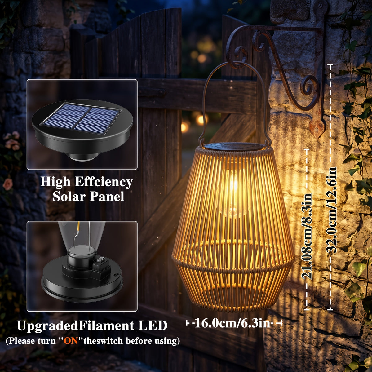Lanterne solaire effet rotin IP65 à ampoule filament, à suspendre