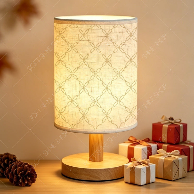 Lampe de table en tissu à motif géométrique, socle effet bois
