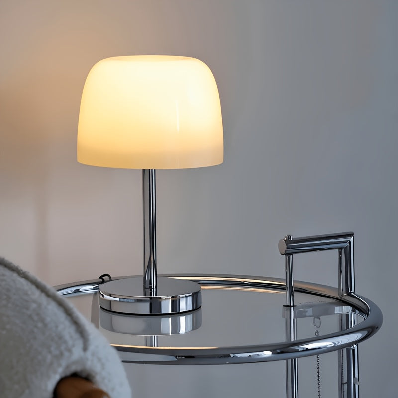 Lampe de chevet champignon en verre crème sur pied chromé, 35 cm