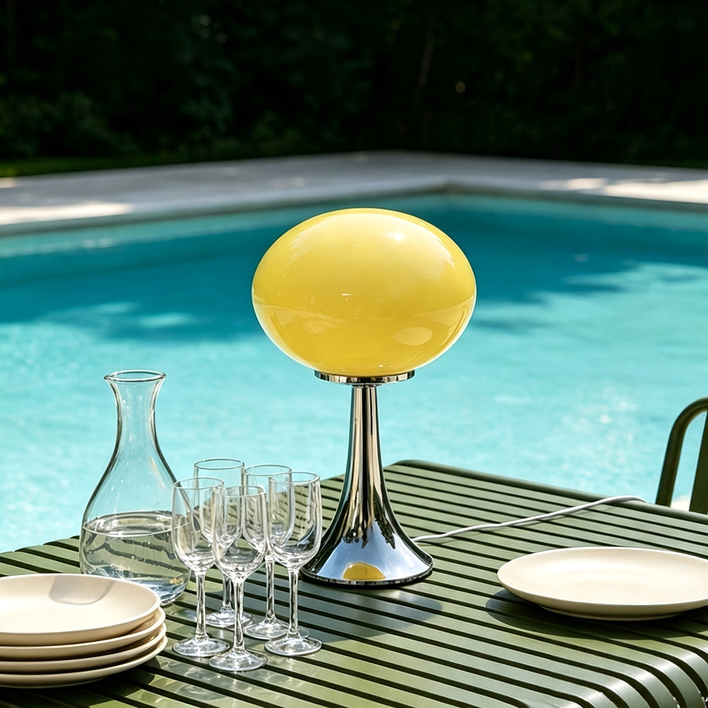 Lampe champignon en verre ovale sur pied chromé, USB, 3 teintes