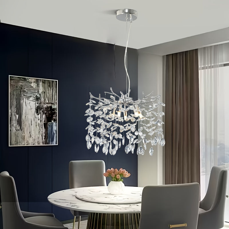 Lustre argenté à rameaux et pampilles de cristal, 5 lumières, Ø 30 cm