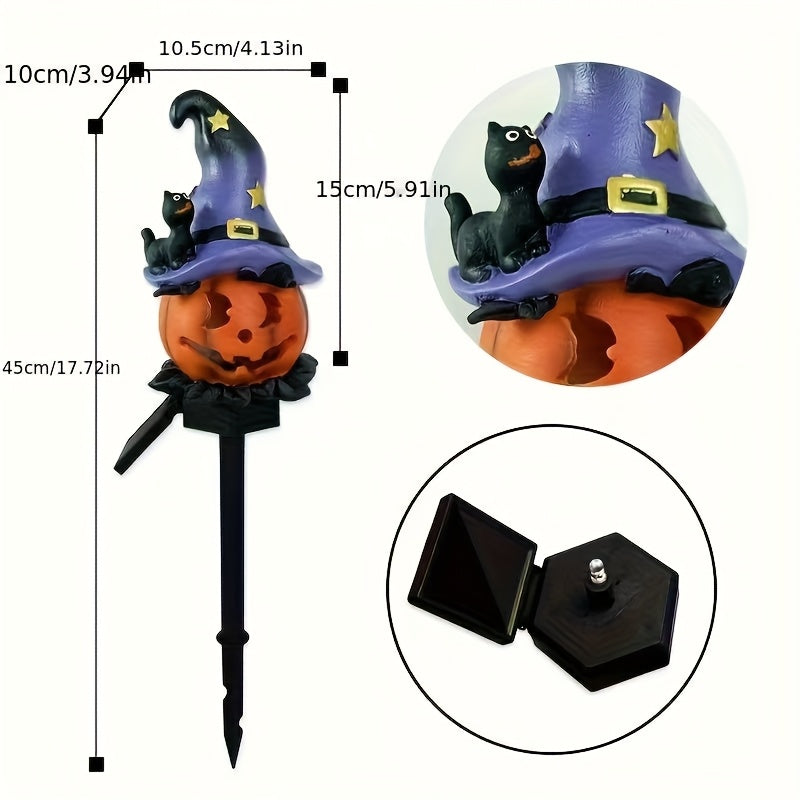 Balise solaire citrouille à chapeau de sorcière et chat noir, 45 cm
