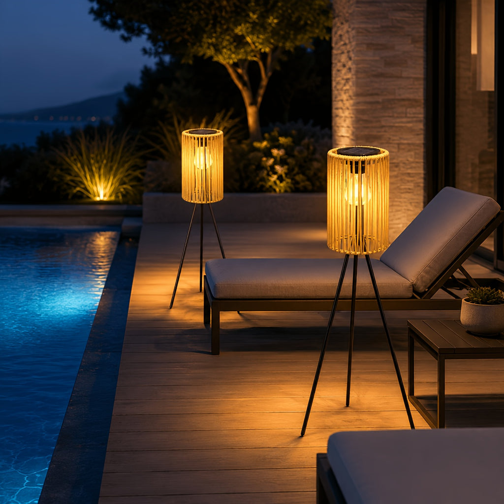 Lampadaire solaire d'extérieur sur trépied, lanterne tressée 78 cm