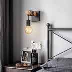 Applique murale bois et métal noir, câble enroulé et ampoule nue