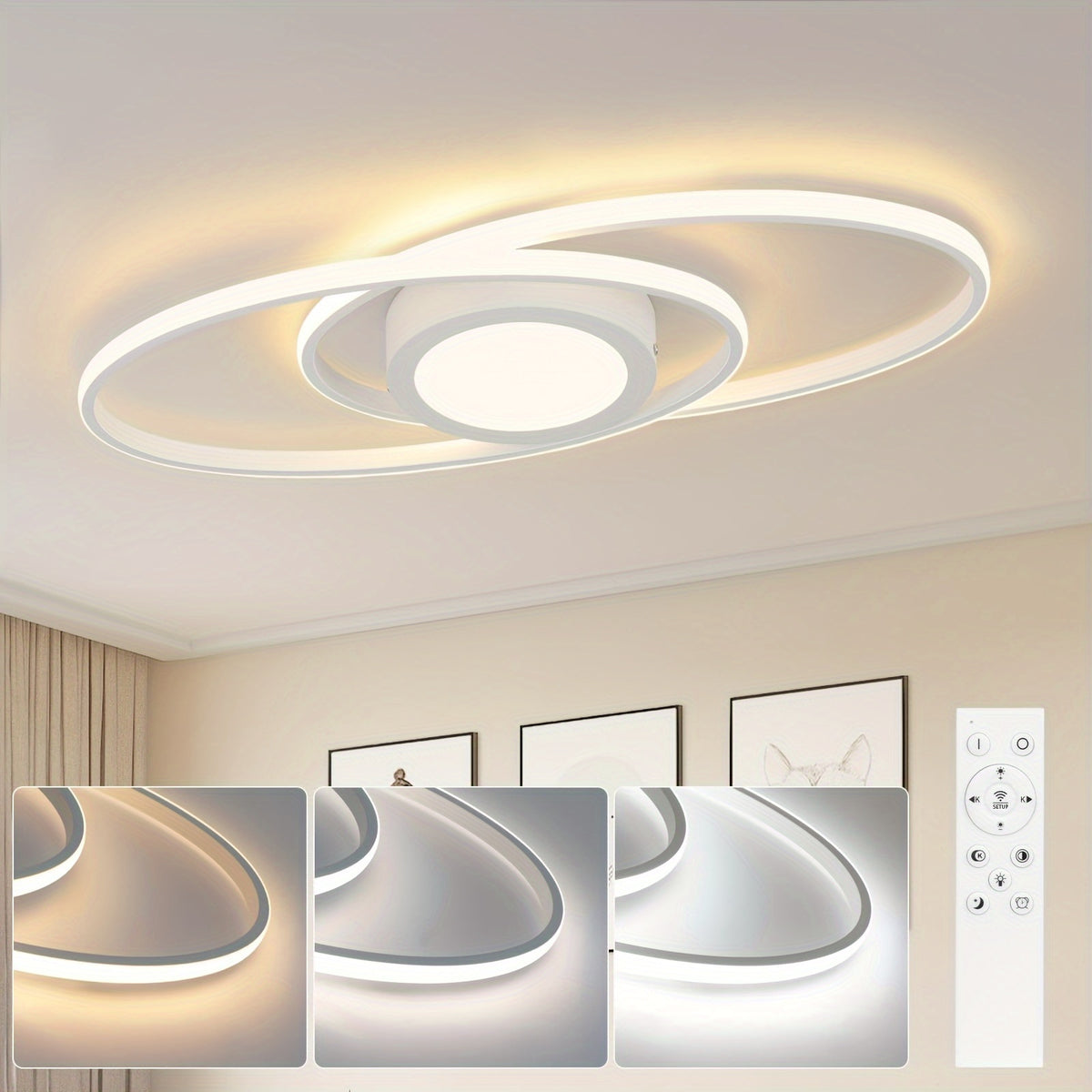 Plafonnier LED noir ovale ou carré à anneaux, avec télécommande