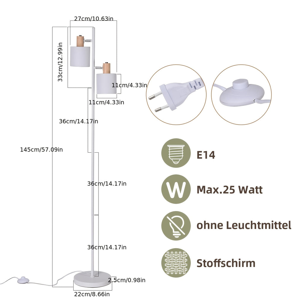 Lampadaire blanc à deux spots en tissu orientables, E14, 145 cm
