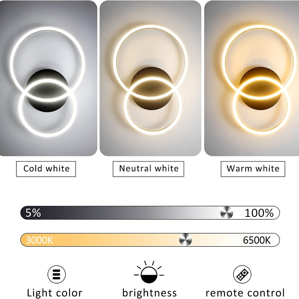 Plafonnier LED double anneau doré, noir ou argenté, variateur, 59 cm