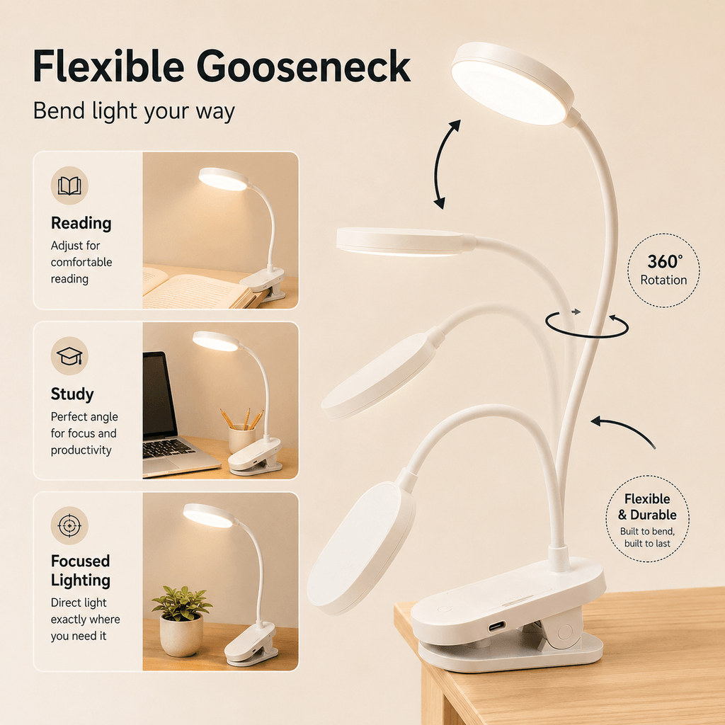 Lampe à pince à piles ou USB, tête ronde blanche de 8 cm