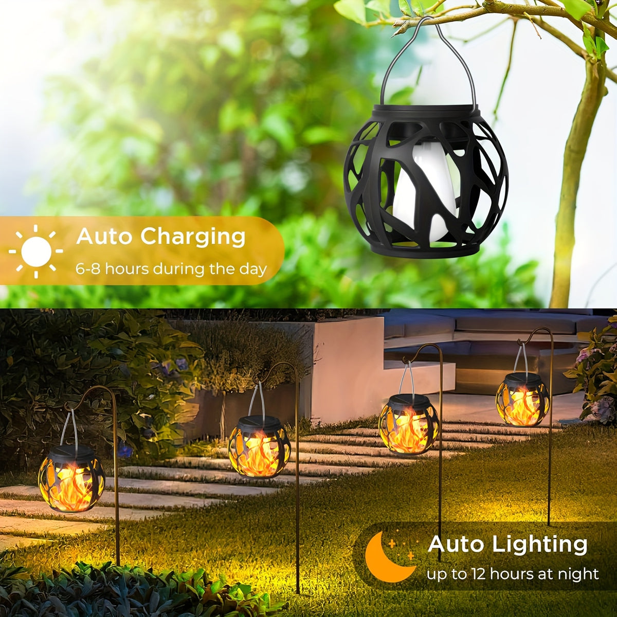 Lot de 6 petites lanternes solaires boules noires à effet flamme