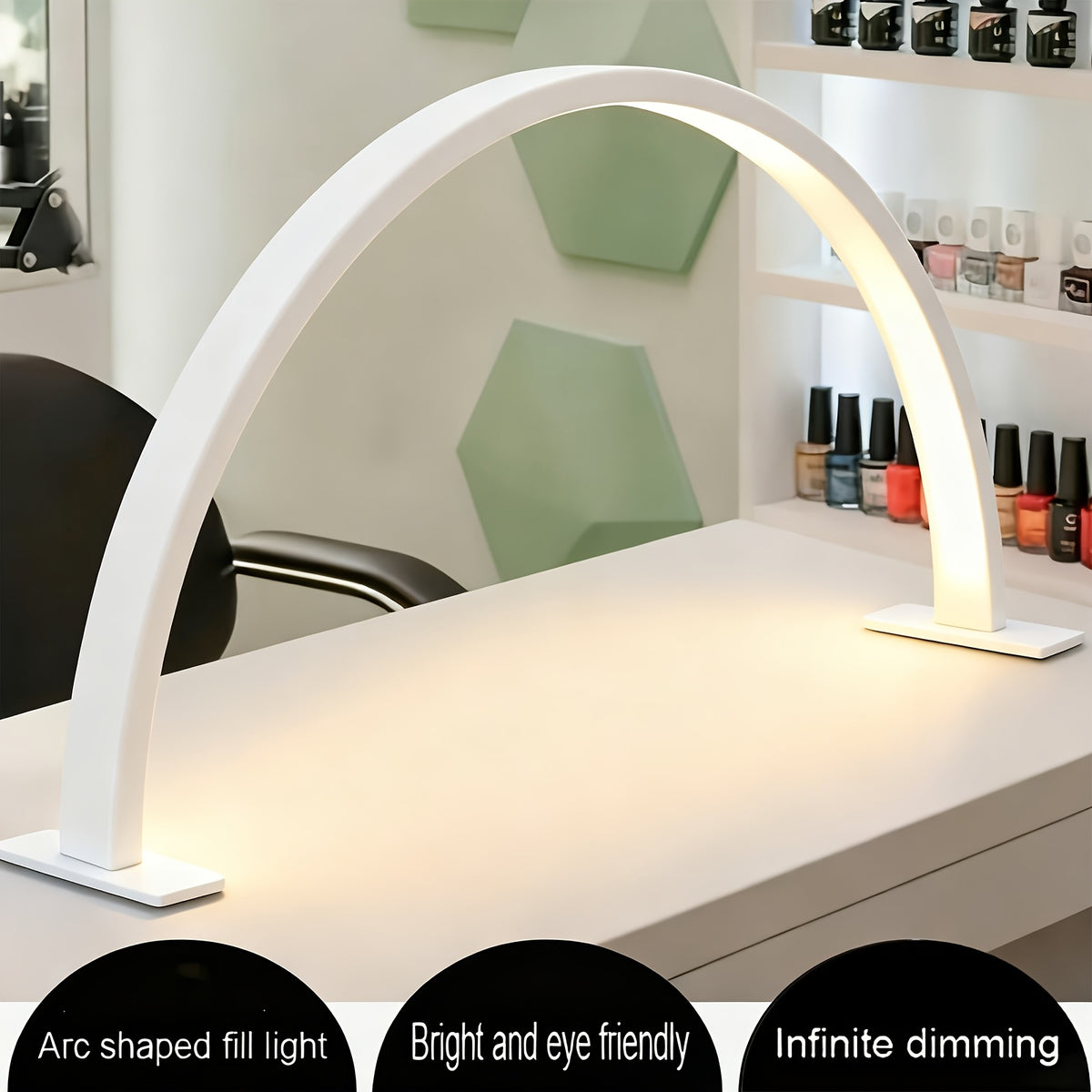 Lampe de bureau LED demi-lune blanche, arche de 42 cm à 3 teintes