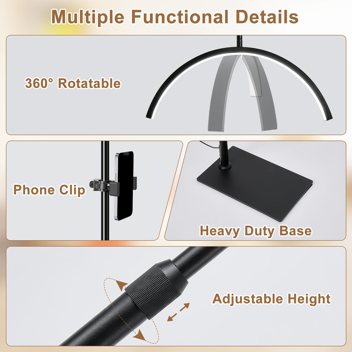 Lampadaire demi-lune LED réglable de 120 à 156 cm, avec télécommande