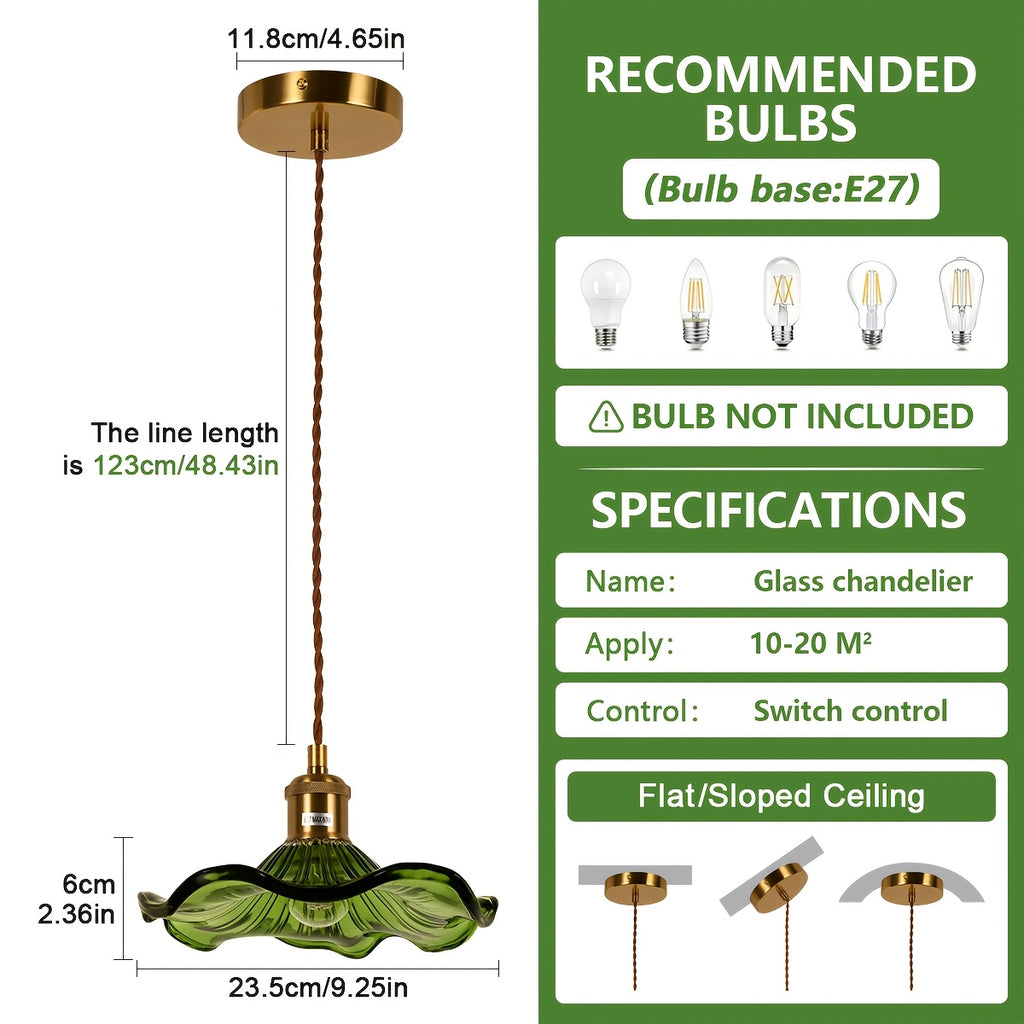 Suspension en verre vert feuille de lotus, douille dorée E27