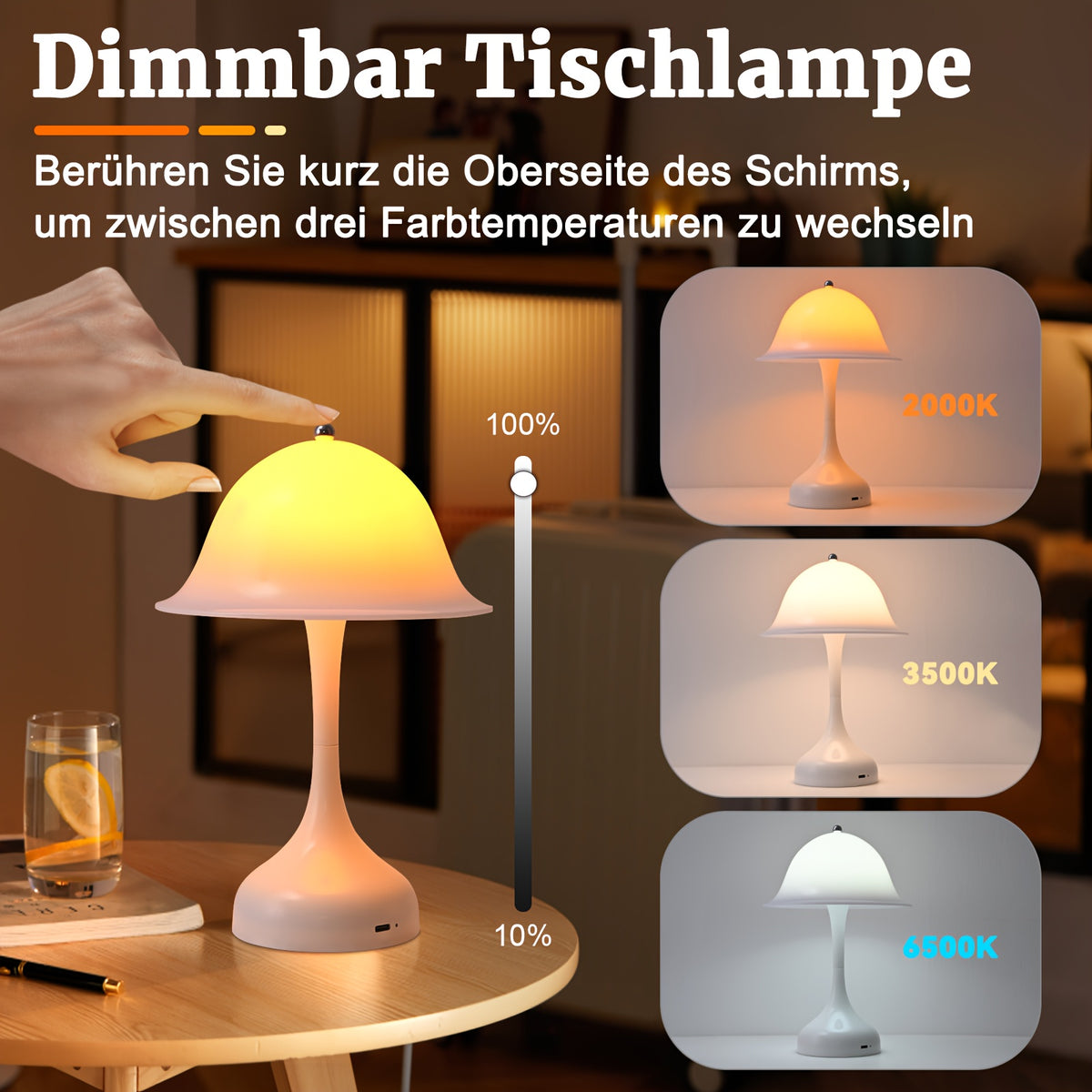 Lot de 2 lampes champignon sans fil blanches, tactiles, 24,5 cm
