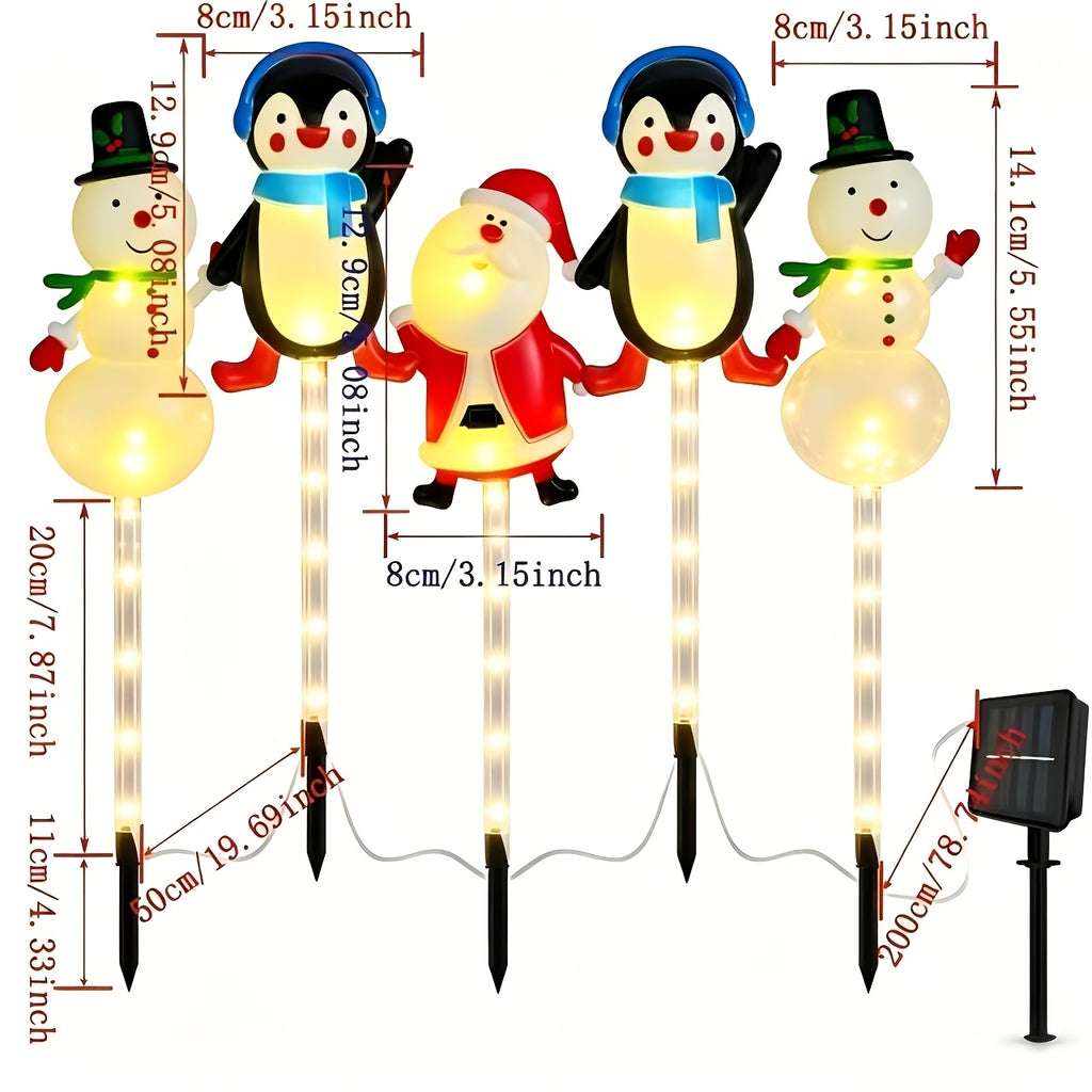 Lampe solaire de Noël à piquets, bonhommes de neige et pingouins