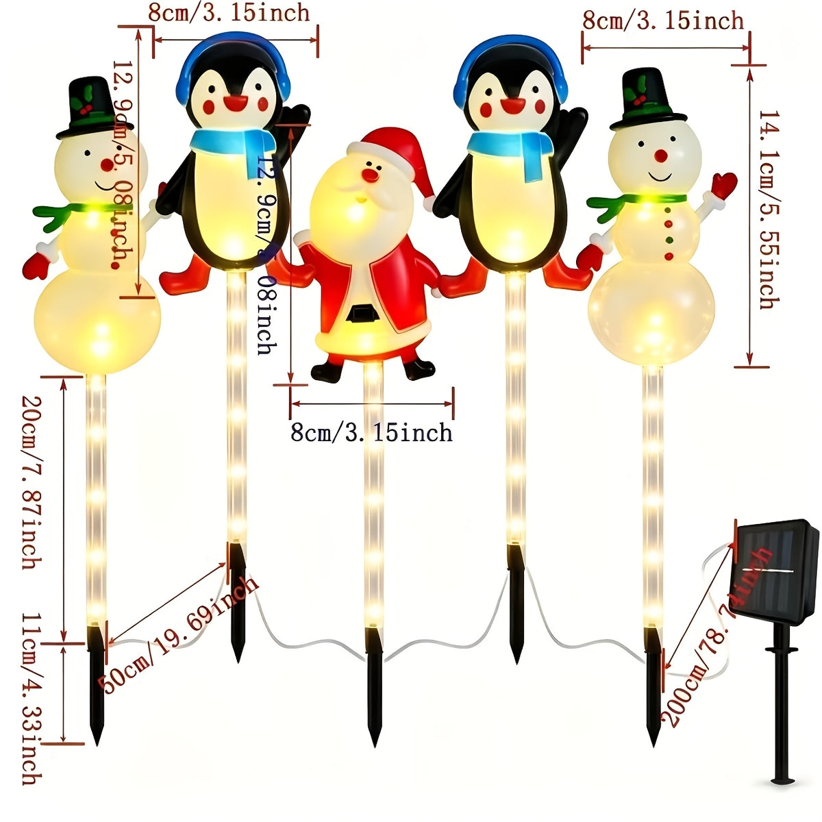 Lampe solaire de Noël à piquets, bonhommes de neige et pingouins