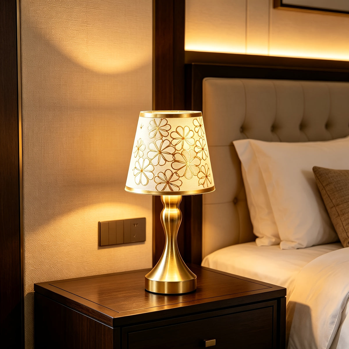 Lampe à poser dorée avec abat-jour à fleurs