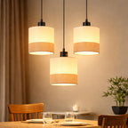 Suspension 3 lumières en tissu blanc à bande beige, rosace ou barre
