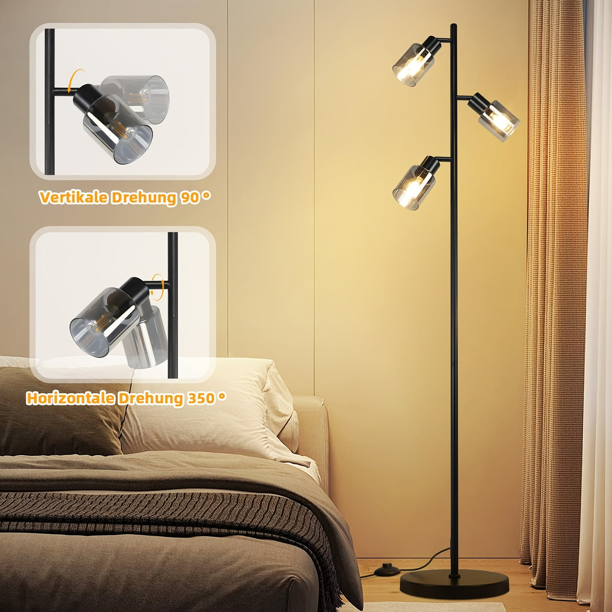 Lampadaire noir à trois spots en verre fumé orientables, 138 cm