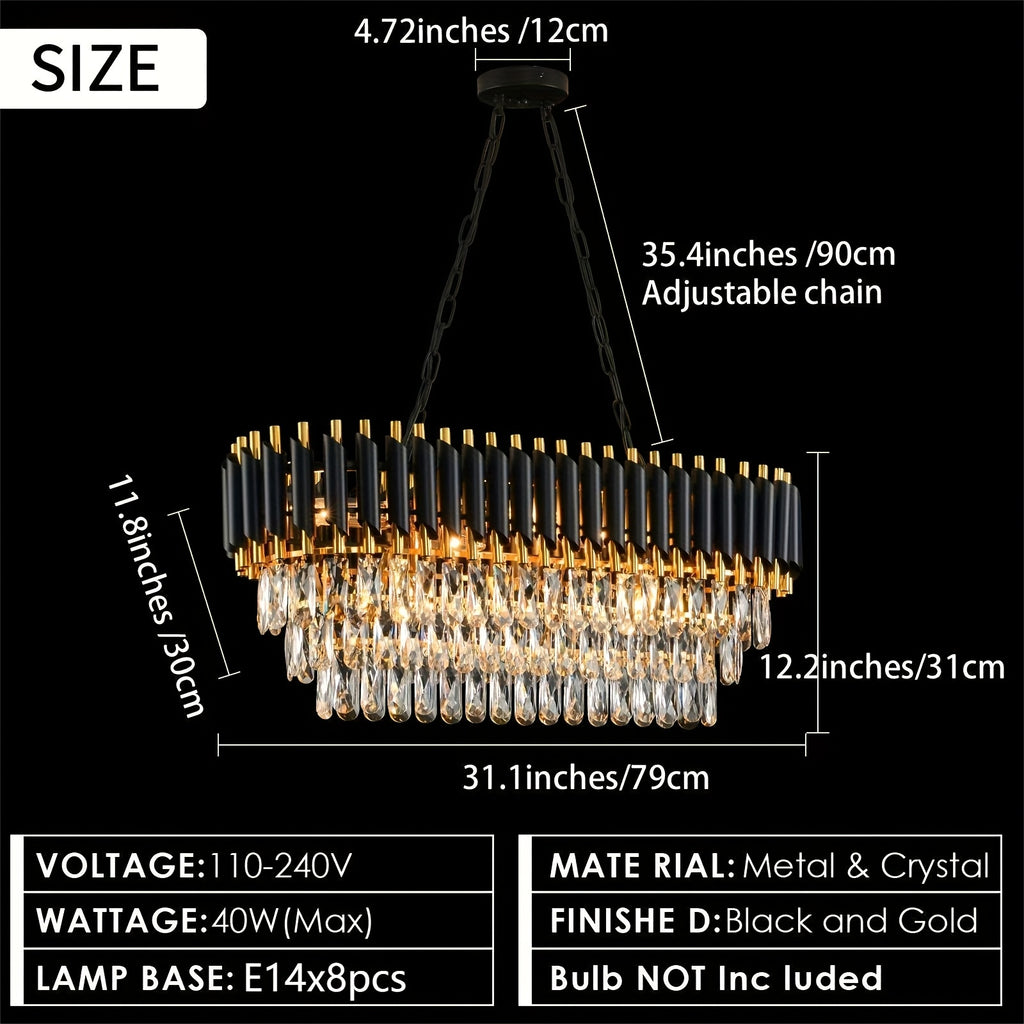 Lustre ovale noir et doré à cascade de cristal, 8 lumières E14