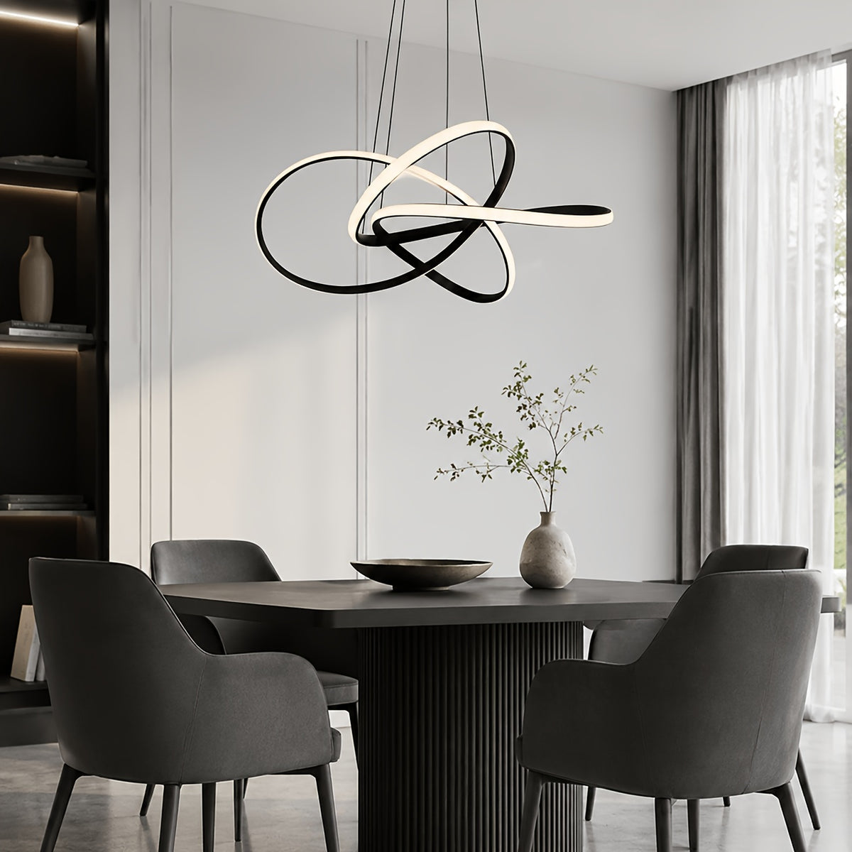 Lustre LED à boucles entrelacées en aluminium noir, avec télécommande