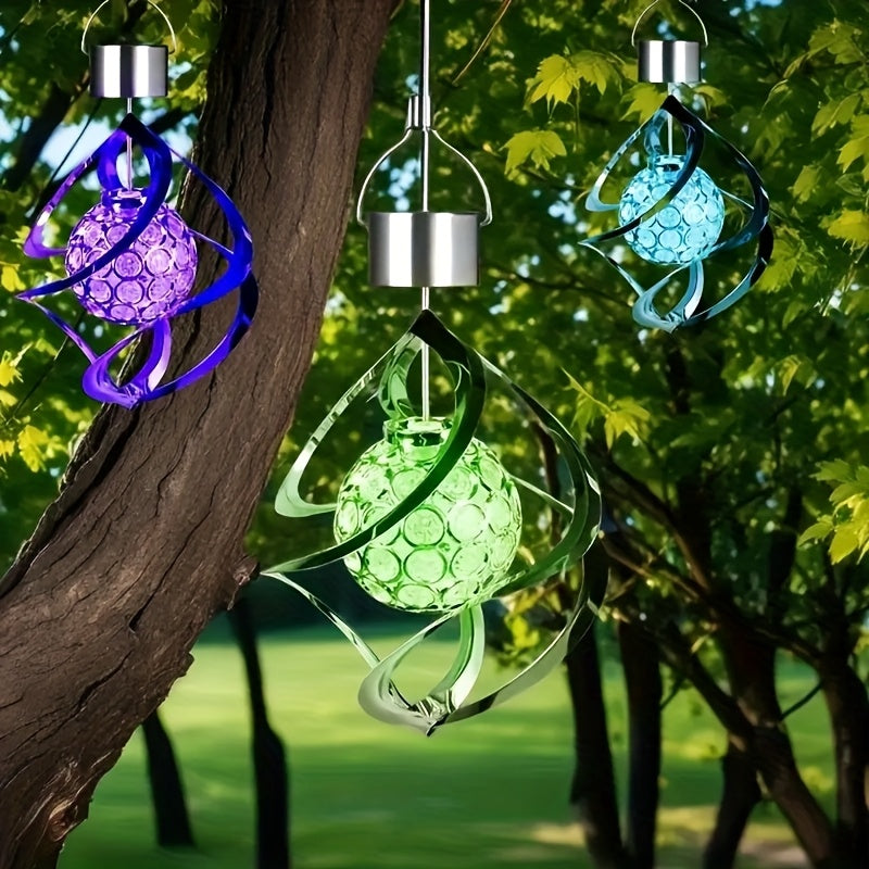 Suspension solaire spirale argentée à boule LED multicolore