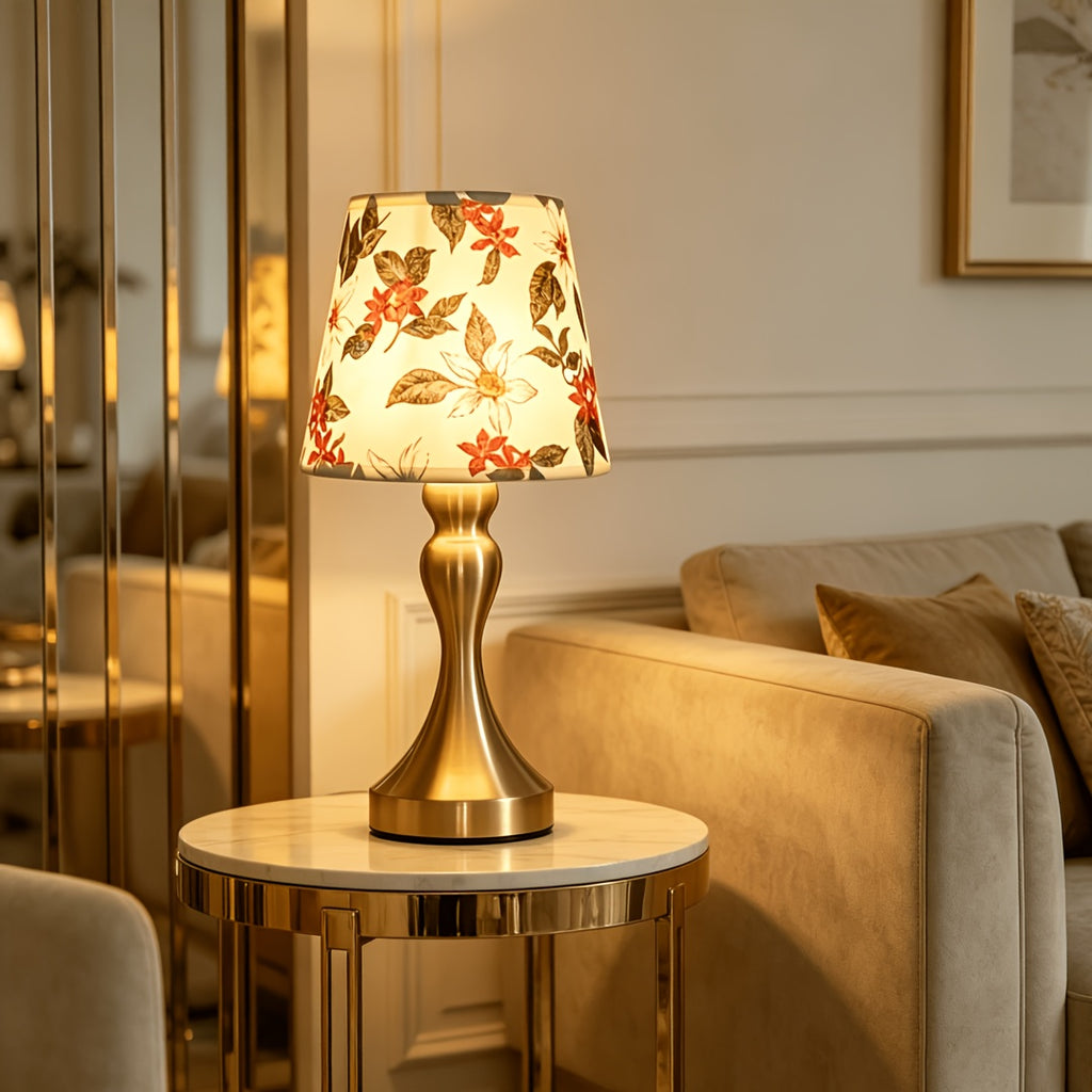 Lampe de chevet abat-jour à fleurs rouges, pied doré en sablier