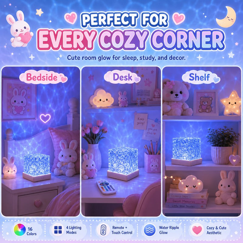 Lampe d'ambiance cube effet vague, socle aspect bois et 16 couleurs