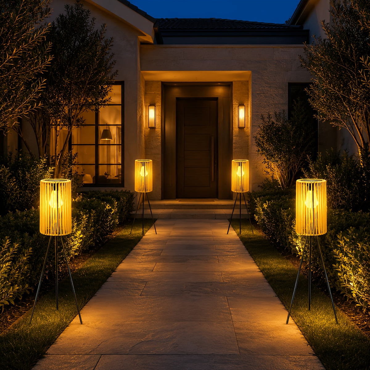 Lampadaire solaire d'extérieur sur trépied, lanterne tressée 78 cm