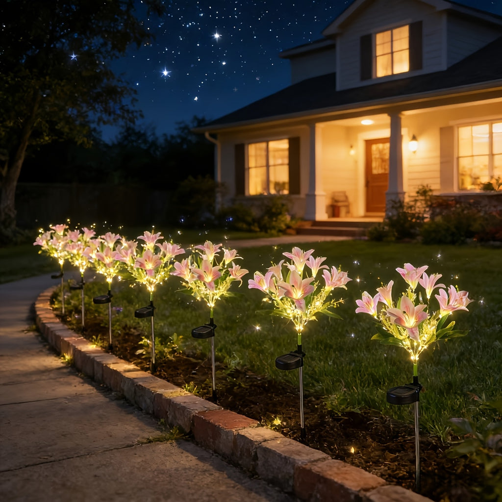 Lot de 2 tiges de lys roses solaires à planter, 7 fleurs LED
