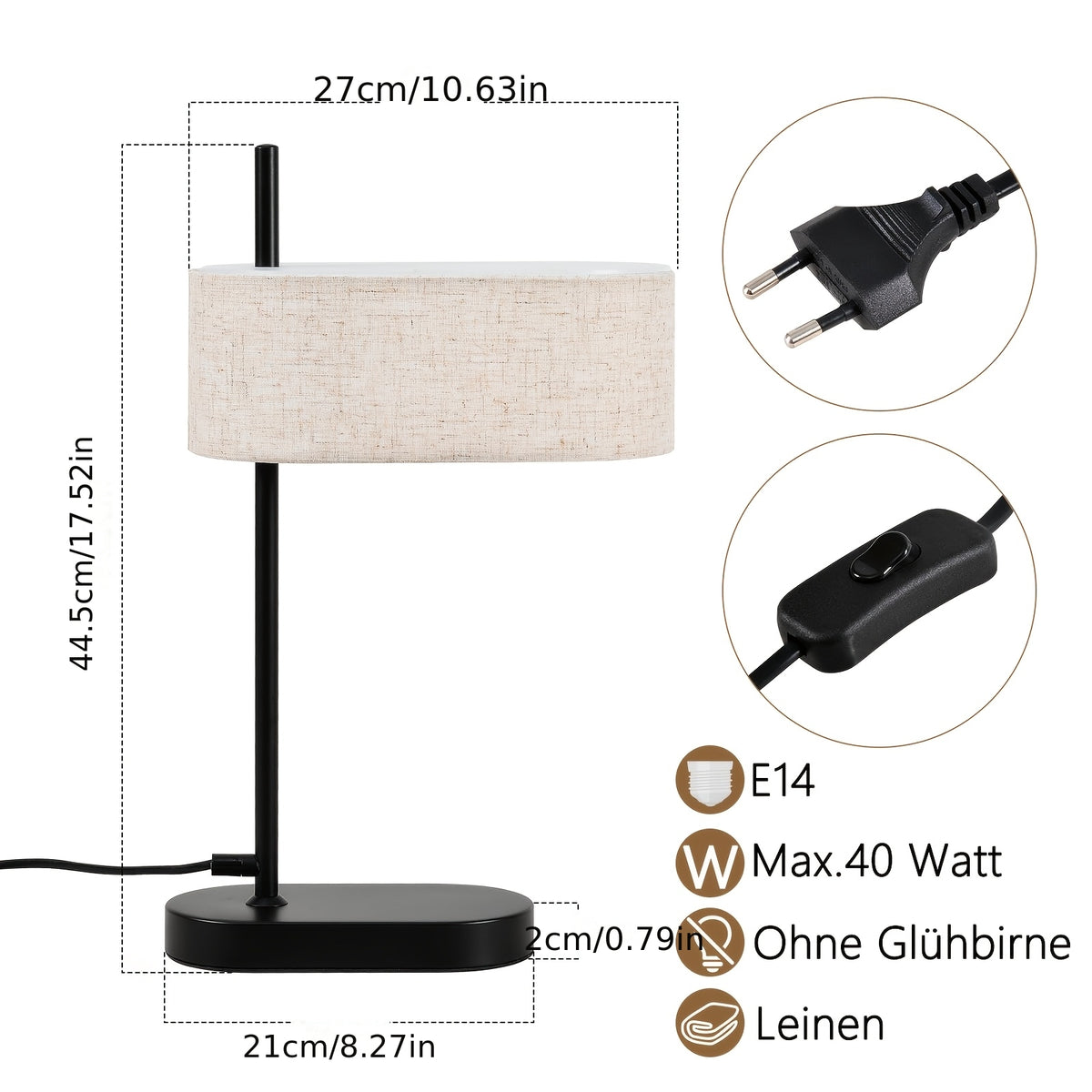 Lot de 2 lampes de chevet noires, abat-jour en lin, douille E14