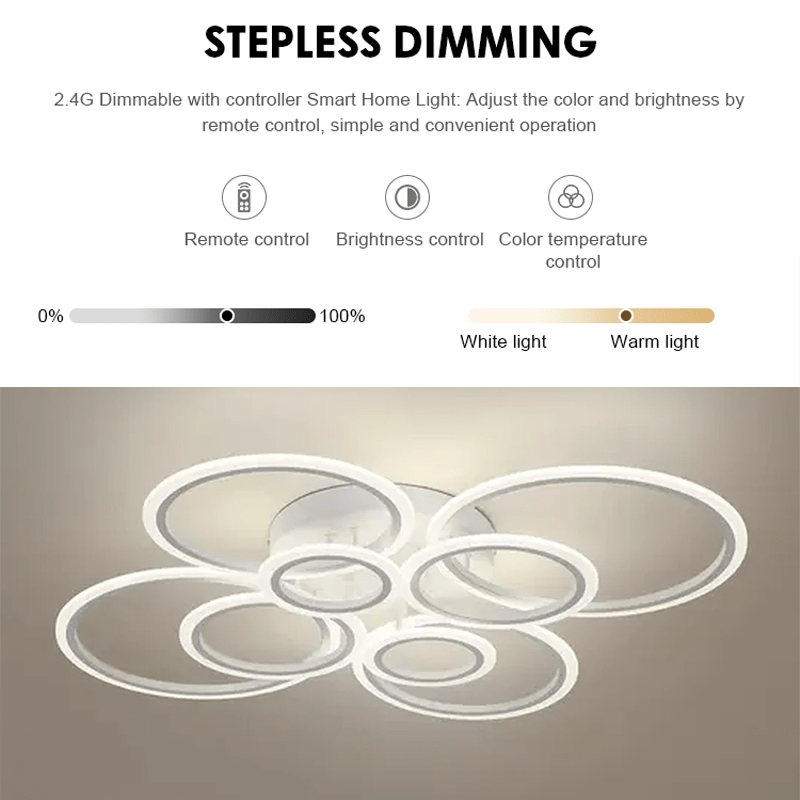 Plafonnier LED à huit anneaux blancs 127 W, variateur et télécommande