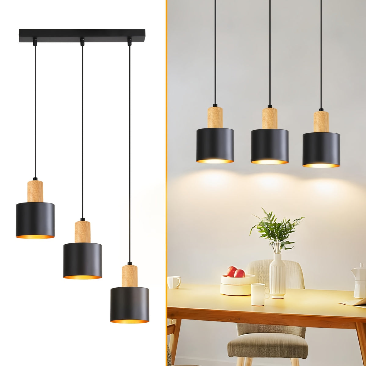 Suspension 3 cylindres noirs sur barre de 40 cm, intérieur doré