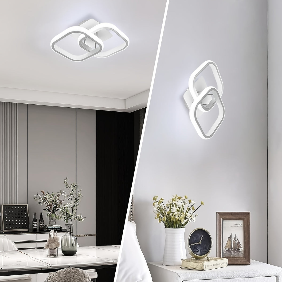 Plafonnier LED à deux carrés entrelacés, noir ou blanc, 29 cm
