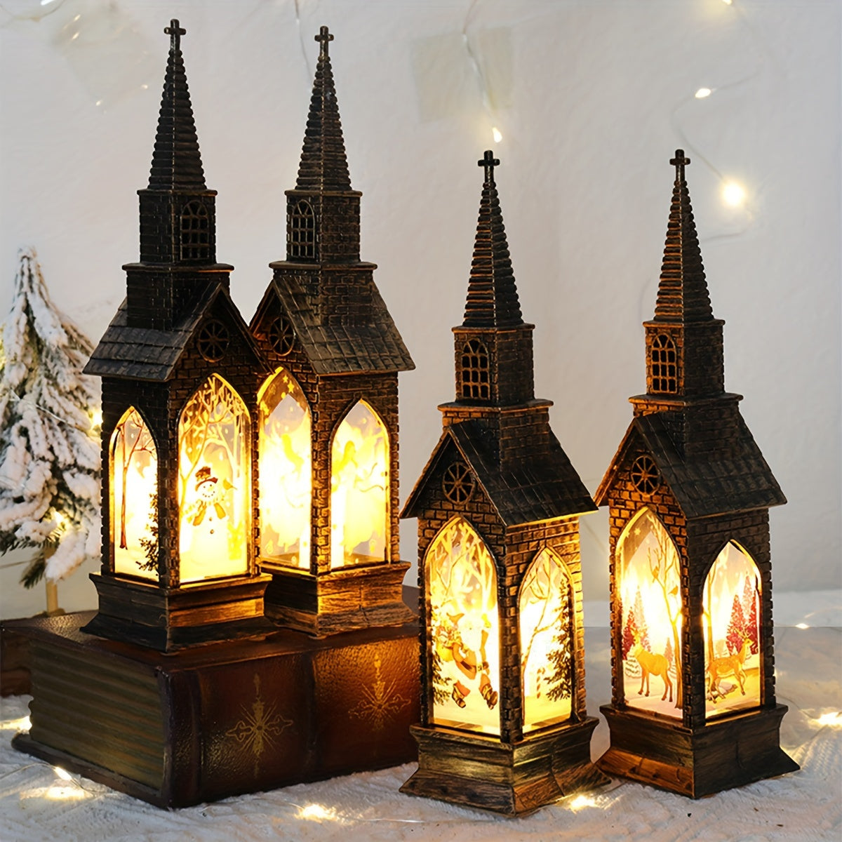 Lot de 4 lampes décoratives de Noël en forme d'église, à piles