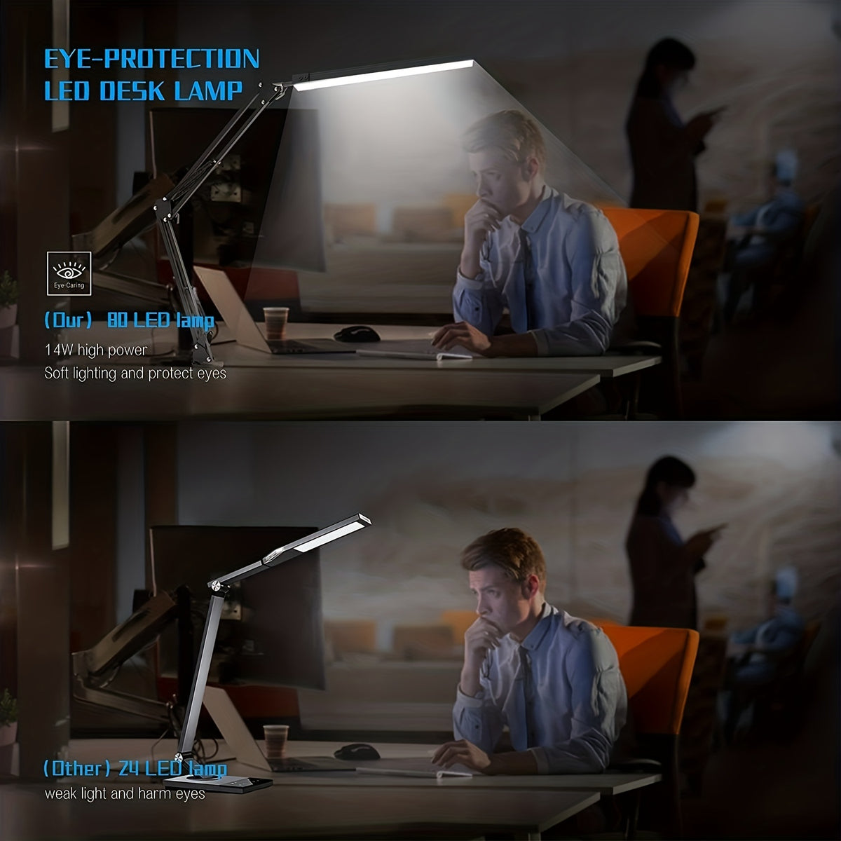 Lampe de bureau LED à pince, bras articulé noir et barre de 33 cm