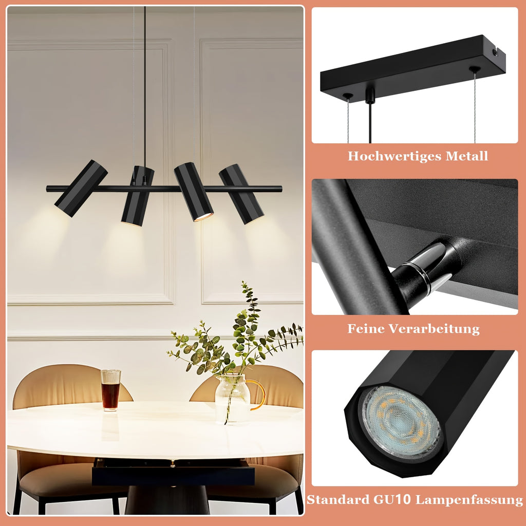 Suspension 4 spots orientables GU10 en métal noir, barre 66 cm