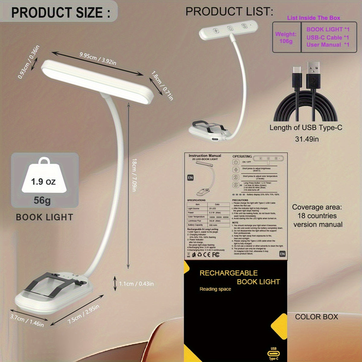 Liseuse à pince 25 LED en lumière ambrée, minuterie, 2 coloris