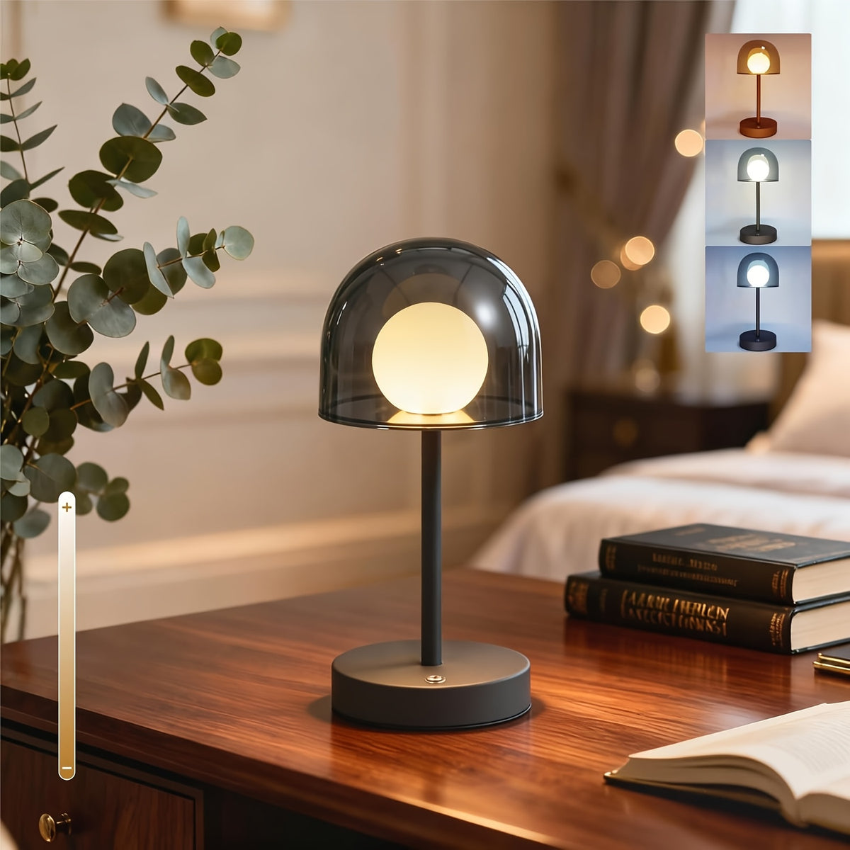 Lampe champignon rechargeable à dôme bleu ou rouge, globe blanc