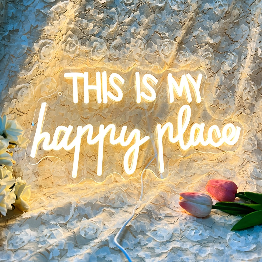 Enseigne néon LED « This is my happy place » blanc chaud, 39 cm