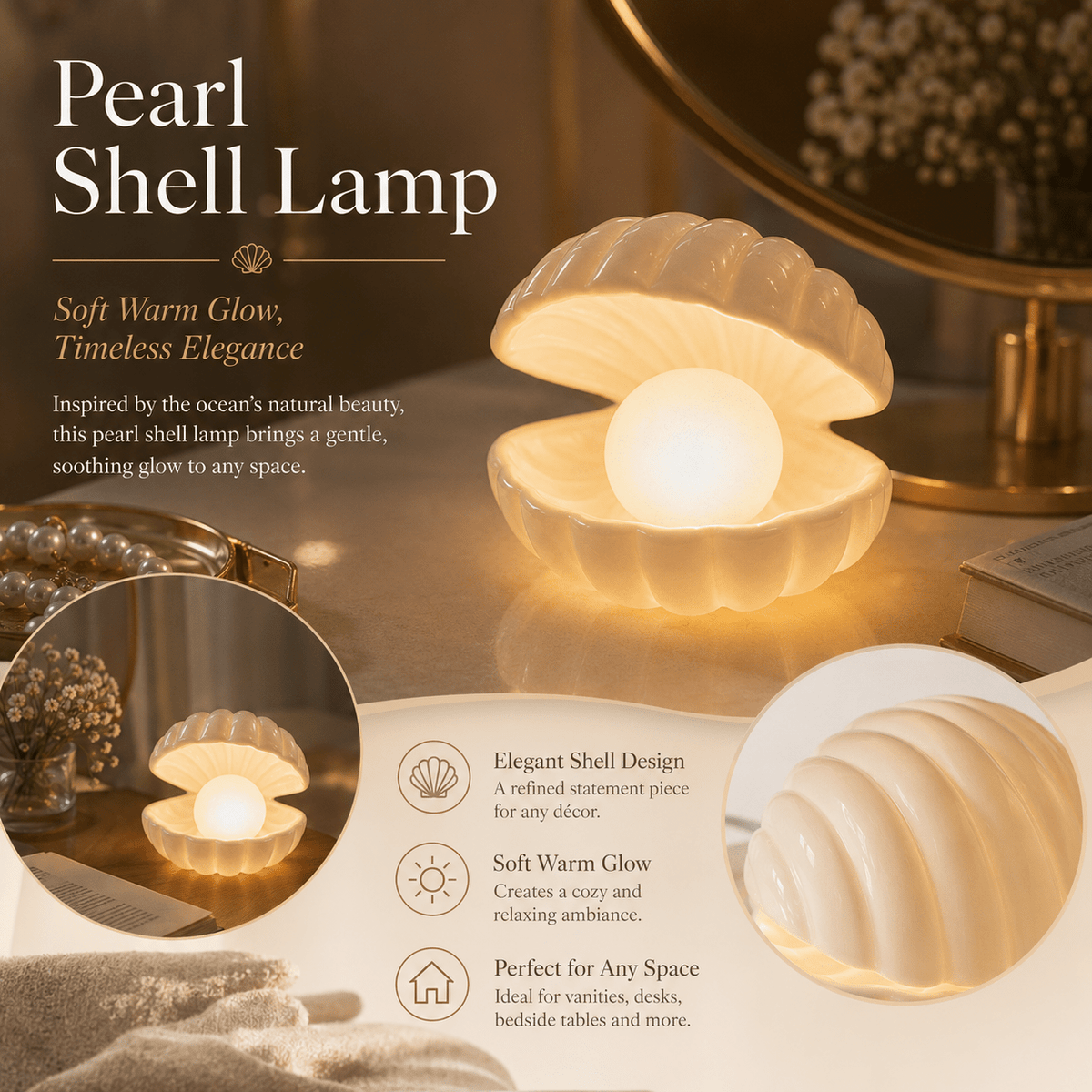 Veilleuse coquillage et perle à piles, lampe de chevet blanc chaud