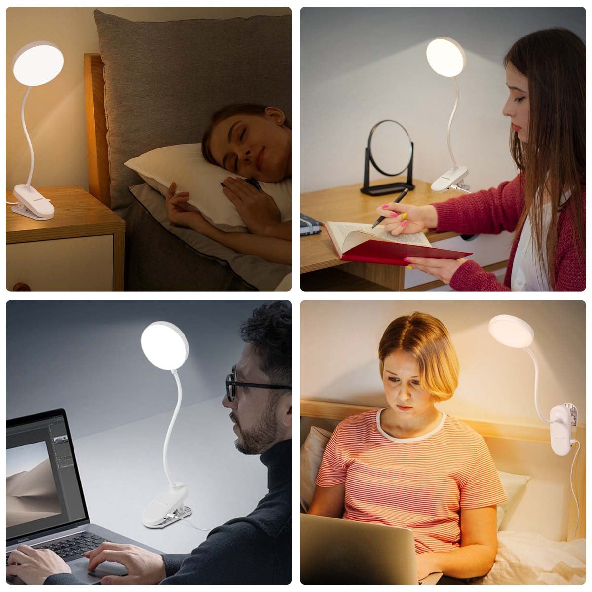 Lampe à pince rechargeable à col en boucle, tête ronde tactile