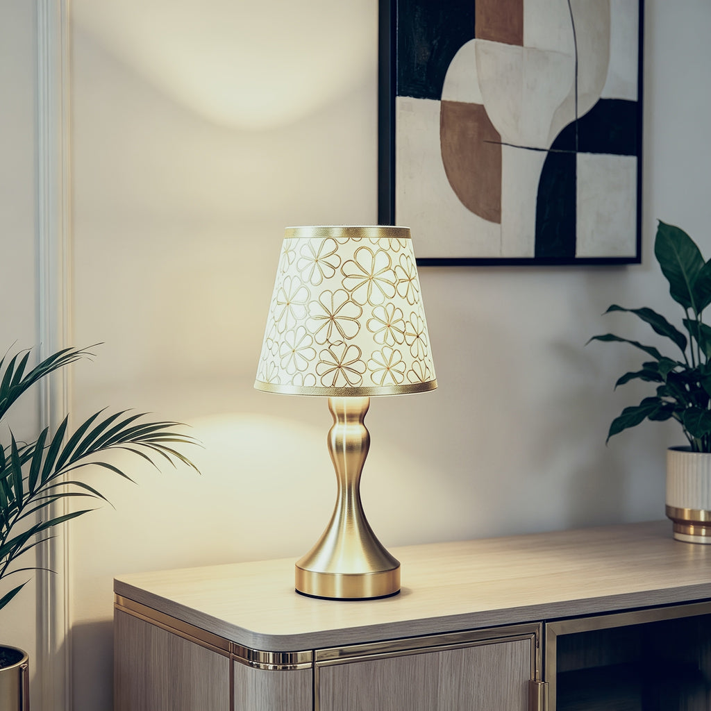Lampe de chevet dorée à abat-jour fleuri en tissu, alimentation USB
