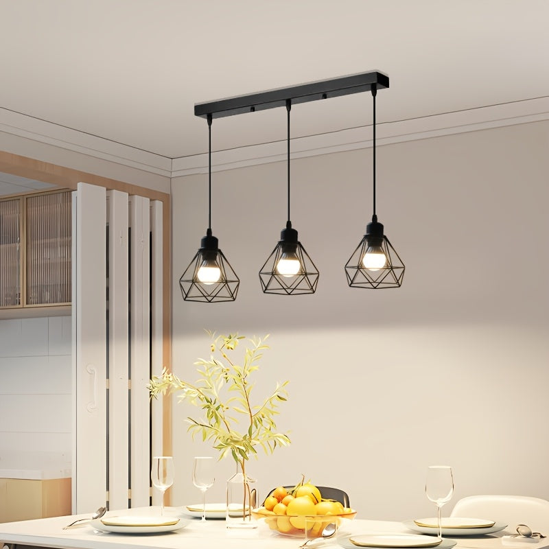 Suspension 3 lumières à cages diamant en métal noir, barre 50 cm