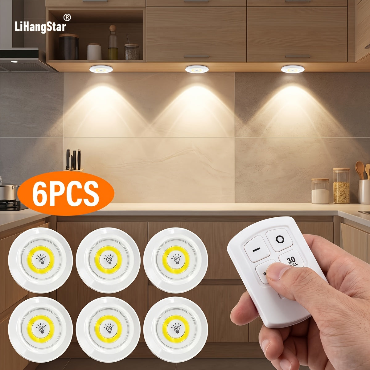 Lot de 6 spots LED sans fil à piles avec télécommande et minuterie