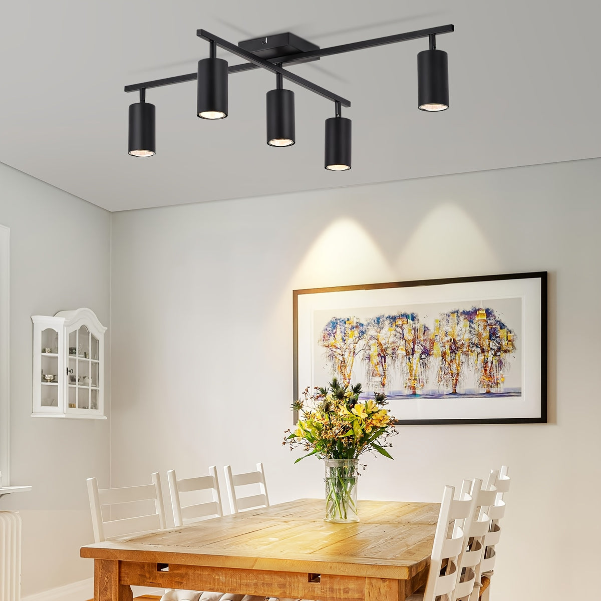 Plafonnier 5 spots GU10 orientables en croix, noir ou blanc, 77 cm